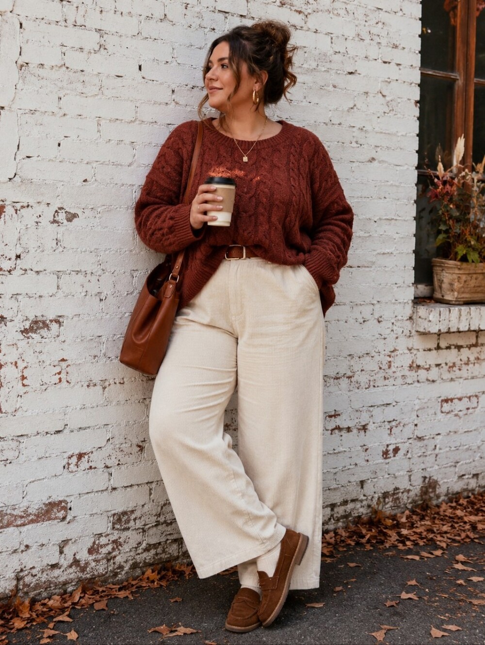 Rust Brown Cable Knit Sweater Soft Stretchy Classic Fall Cozy Size XXL